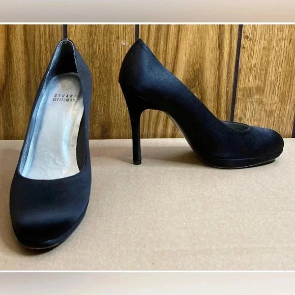 Women STUART WEITZMAN Black Satin Round Toe Platform...